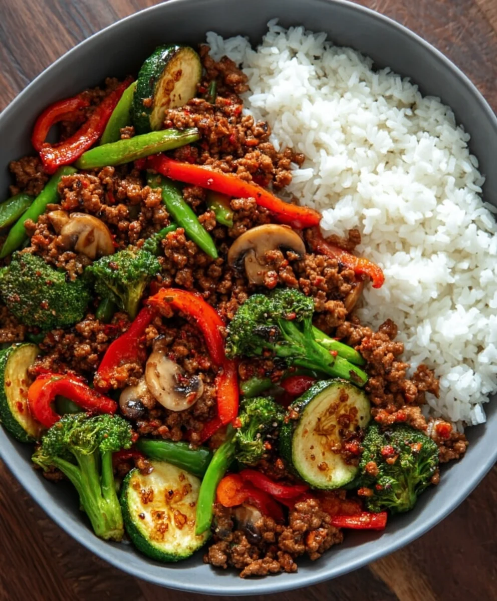 Spicy Ground Beef Stir-Fry Bowl-Garlic Veggies & Rice