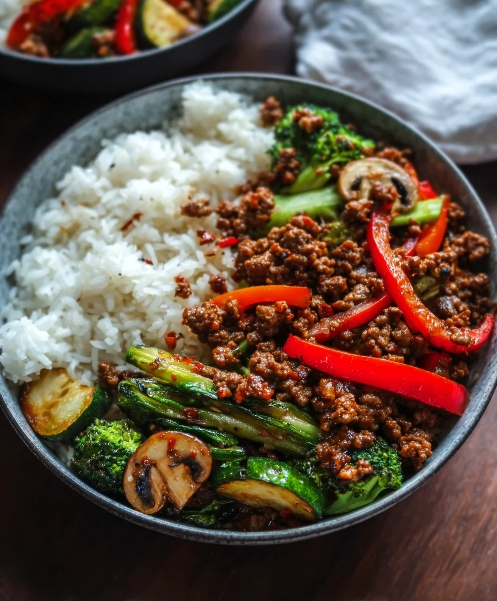 Spicy Ground Beef Stir-Fry Bowl-Garlic Veggies & Rice
