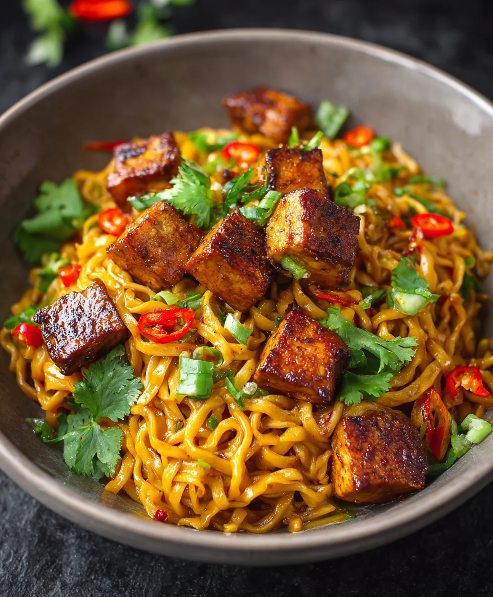 Sweet Spicy Tempeh Garlic Curry Noodles Recipe