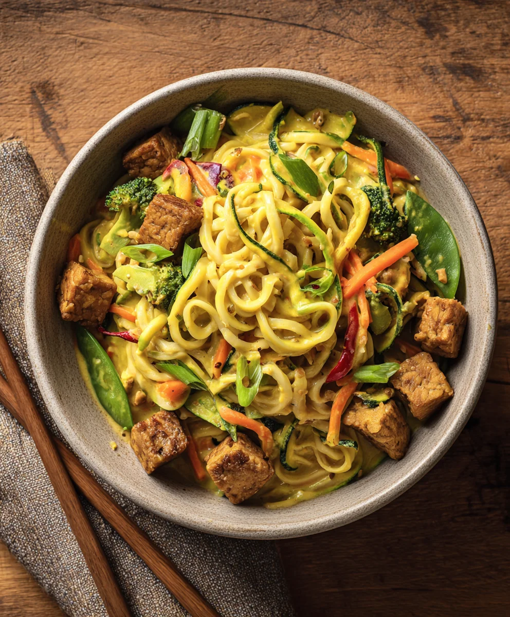 Sweet Spicy Tempeh Garlic Curry Noodles Recipe
