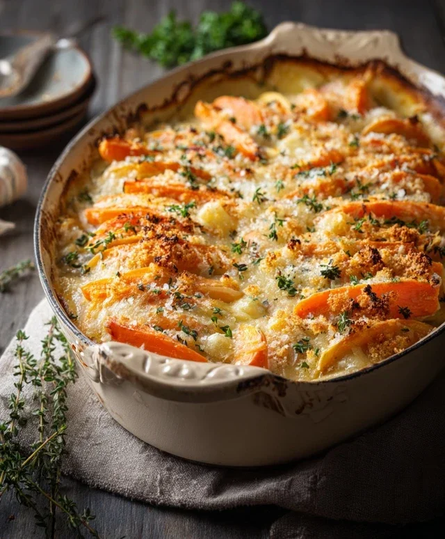 Cheesy Garlic Carrot Gratin – Creamy, Sweet & Savory
