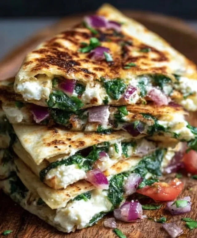 Mediterranean Quesadillas with Spinach, Feta, Mozzarella, and Red Onion