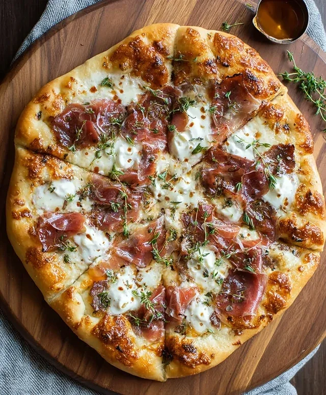 White Pizza with Beef Beef Prosciutto & Hot Honey
